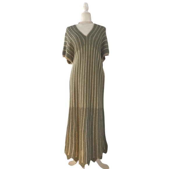 Floris Lurex Crochet Knit Maxi Dress NWT in Sage Gold Metallic Made in Italy - Picture 2 of 15